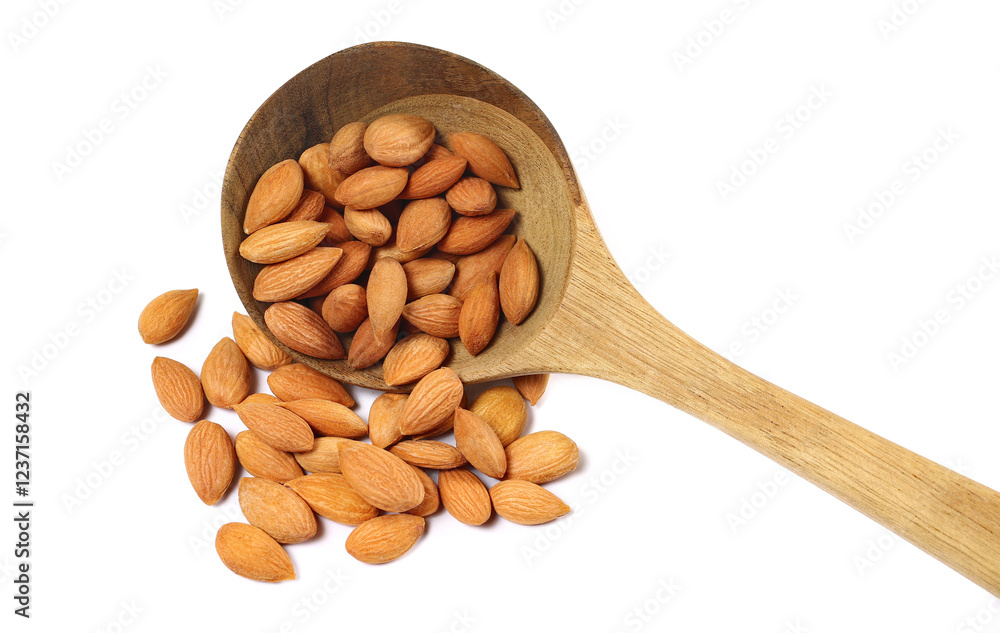 Apricot kernels in wooden spoon isolated on white background, top view Apricot kernels in wooden spoon isolated on white background, top view