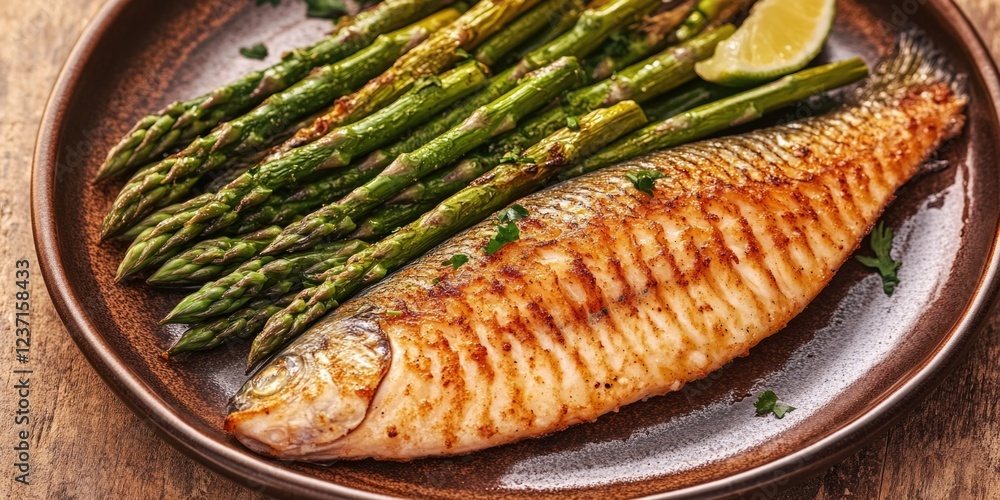 Gourmet entree featuring grilled fish and seasoned asparagus. High in protein and a nutritious choice for dinner. Gourmet entree featuring grilled fish and seasoned asparagus. High in protein and a nutritious choice for dinner.
