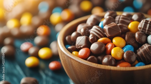 A wooden bowl overflowing with a variety of colorful candies, inviting viewers to experience the sweetness and joy associated with these delightful treats. photo