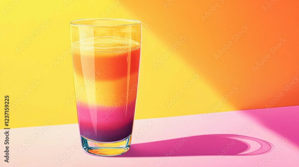 Vibrant Layered Fruit Drink in Glass on Colorful Background Vibrant Layered Fruit Drink in Glass on Colorful Background