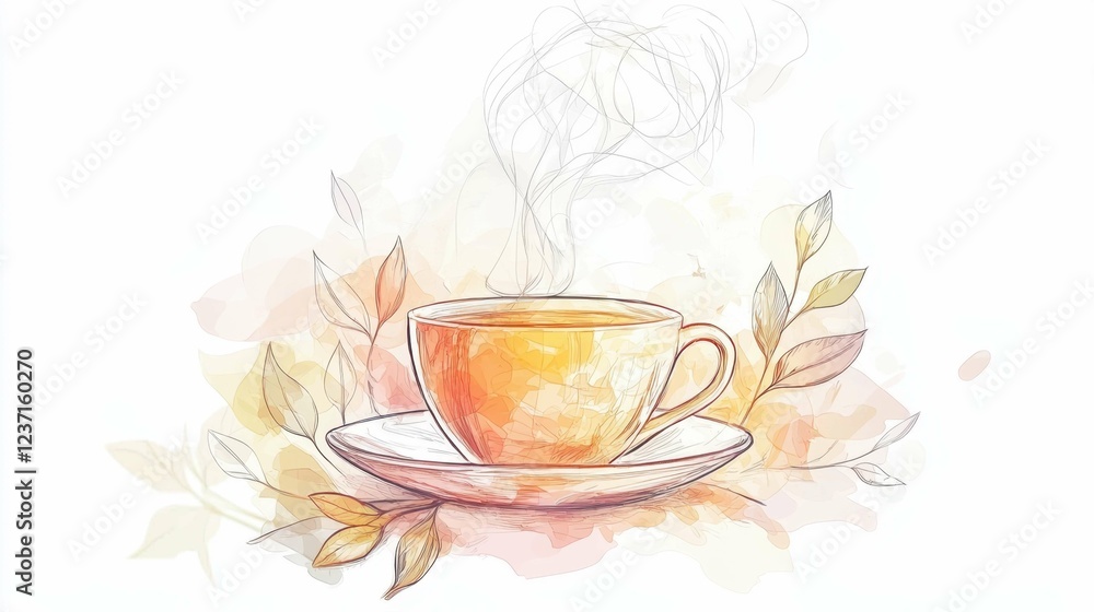 Warm Cup of Tea with Steam Surrounded by Delicate Leaves Warm Cup of Tea with Steam Surrounded by Delicate Leaves