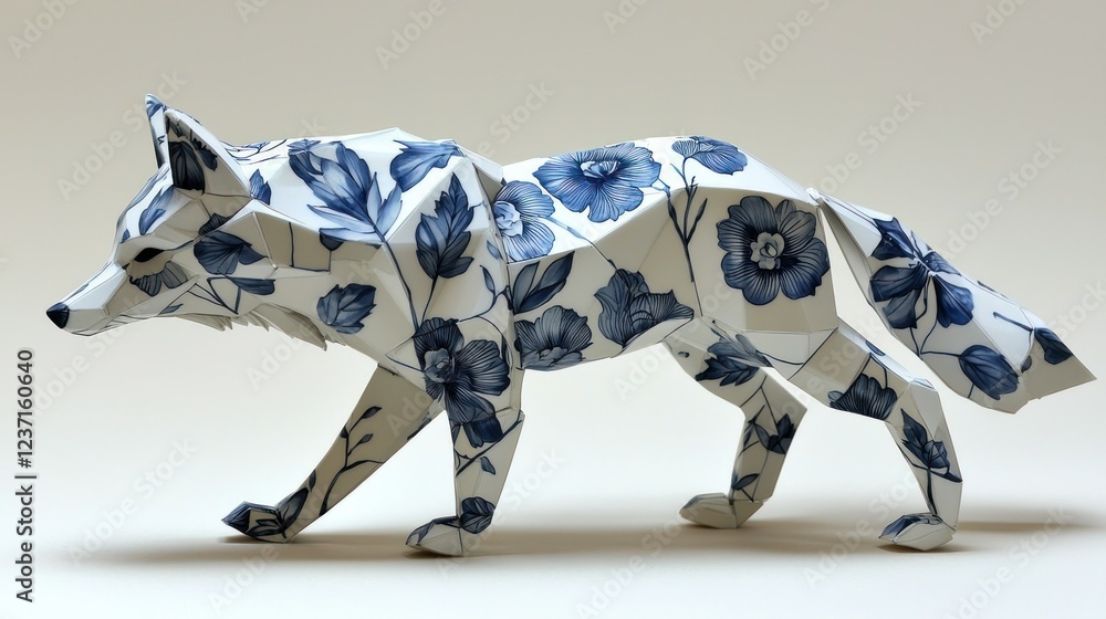 Geometric Fox Sculpture: Blue and White Porcelain Floral Design Geometric Fox Sculpture: Blue and White Porcelain Floral Design