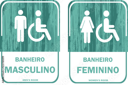 Placa para Banheiros Masculino e Feminino. Estilo Rústico. Com Textura de Madeira Verde.