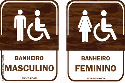 Placa para Banheiros Masculino e Feminino. Estilo Rústico. Com Textura de Madeira Marrom.