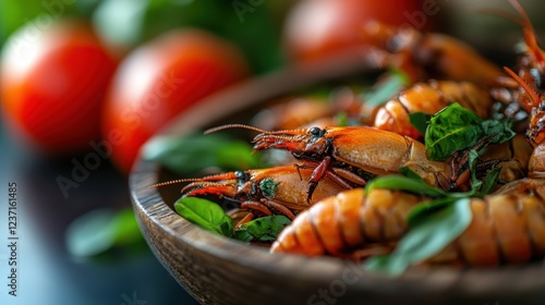 This heartwarming bowl of seafood dish showcases fresh crustaceans beautifully placed among vibrant greens and ripe tomatoes, embodying a feast for the senses. photo