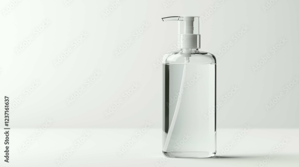 Clear Glass Bottle with Pump Dispenser and Liquid on Neutral Background Clear Glass Bottle with Pump Dispenser and Liquid on Neutral Background