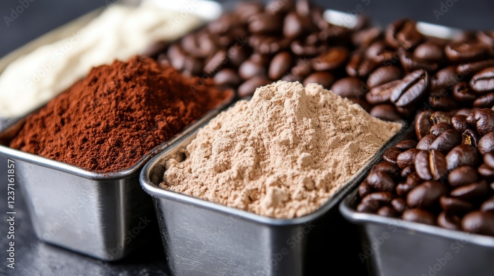 An artistic arrangement of various coffee powders and roasted beans, highlighting the different textures and colors that contribute to coffee's rich flavor spectrum. An artistic arrangement of various coffee powders and roasted beans, highlighting the different textures and colors that contribute to coffee's rich flavor spectrum.