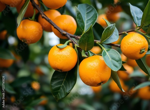 an image of a bunch of oranges hanging from a tree, there are many oranges hanging from a tree with leaves photo