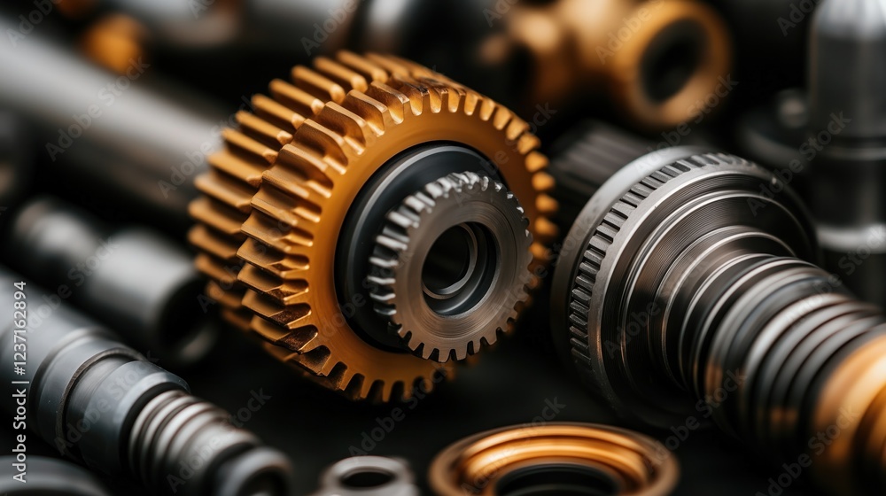 Close-up view of various metal components including gears and shafts, highlighting intricate designs and finishes. These parts are essential for high-performance machinery and equipment Close-up view of various metal components including gears and shafts, highlighting intricate designs and finishes. These parts are essential for high-performance machinery and equipment