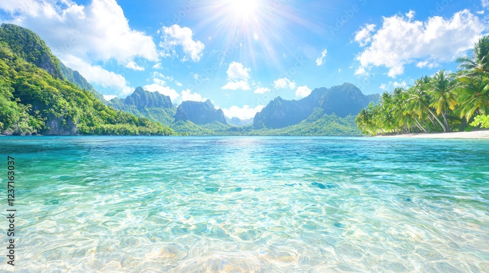 Fototapeta premium Tropical beach paradise, calm ocean, sunny day, lush mountains