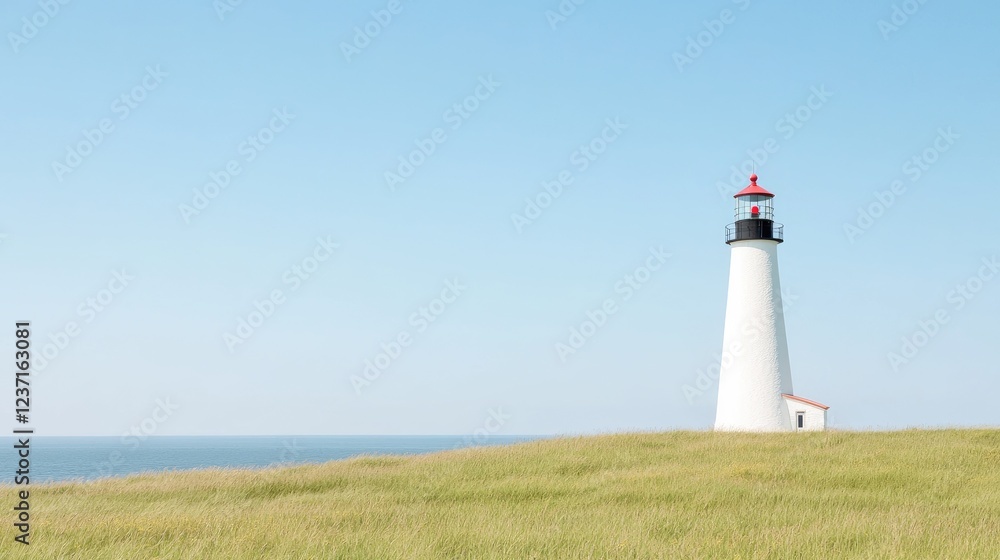 Coastal lighthouse, sunny day, ocean view, grass landscape; website banner Coastal lighthouse, sunny day, ocean view, grass landscape; website banner