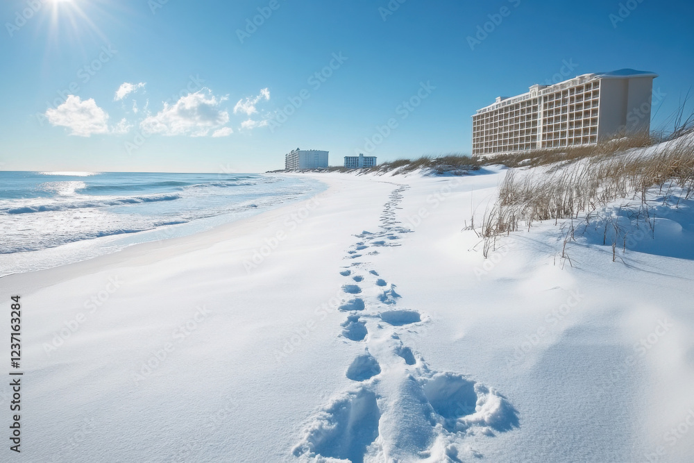 Snow covers Florida's beaches, creating a striking contrast of winter wonderland and tropical charm in a serene coastal environment Snow covers Florida's beaches, creating a striking contrast of winter wonderland and tropical charm in a serene coastal environment