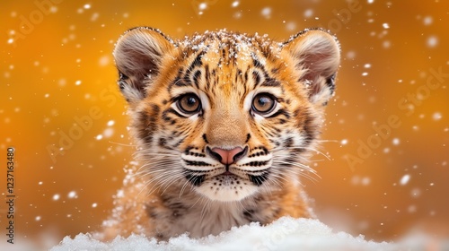 young tiger cub is experiencing a wintry setting, with snow gently falling around it