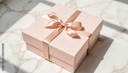 Elegant subscription box with ribbon on marble surface, luxury concept, Mockup