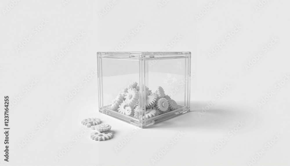 Obraz premium Transparent 3D printed box showcasing small gears, futuristic design, Mockup