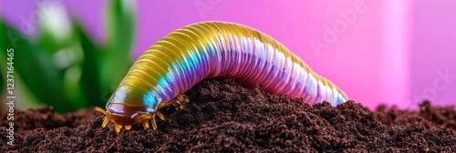 A vibrant, rainbow-colored centipede crawling on dark soil with a pink background, symbolizing biodiversity and nature conservation photo