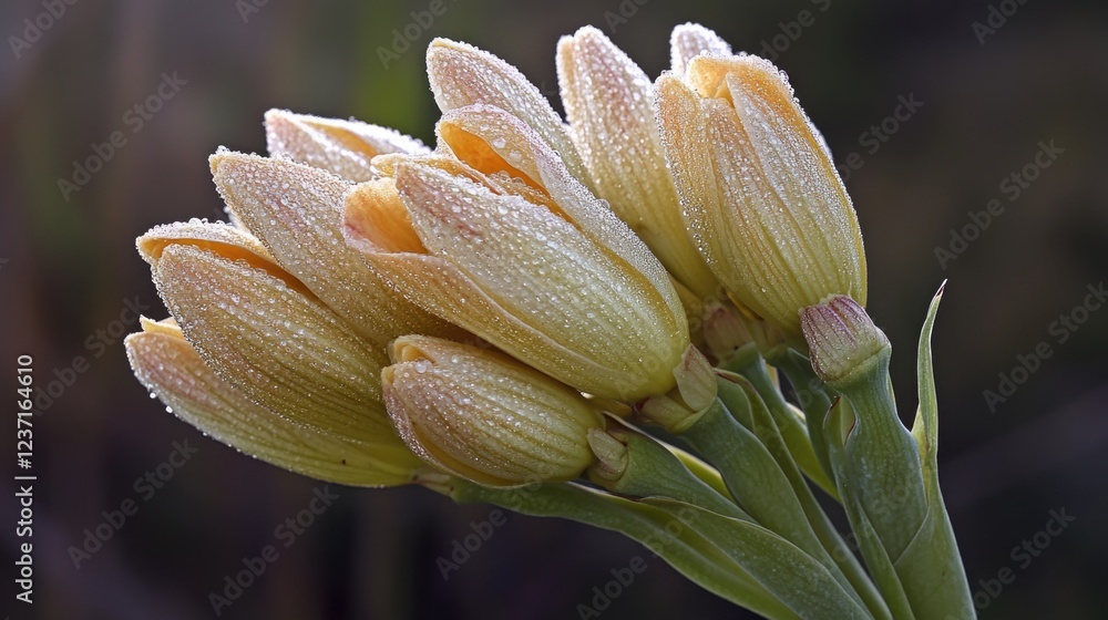 Macro close up of a yellow flower with morning dew, showcasing its vibrant color and delicate details.
