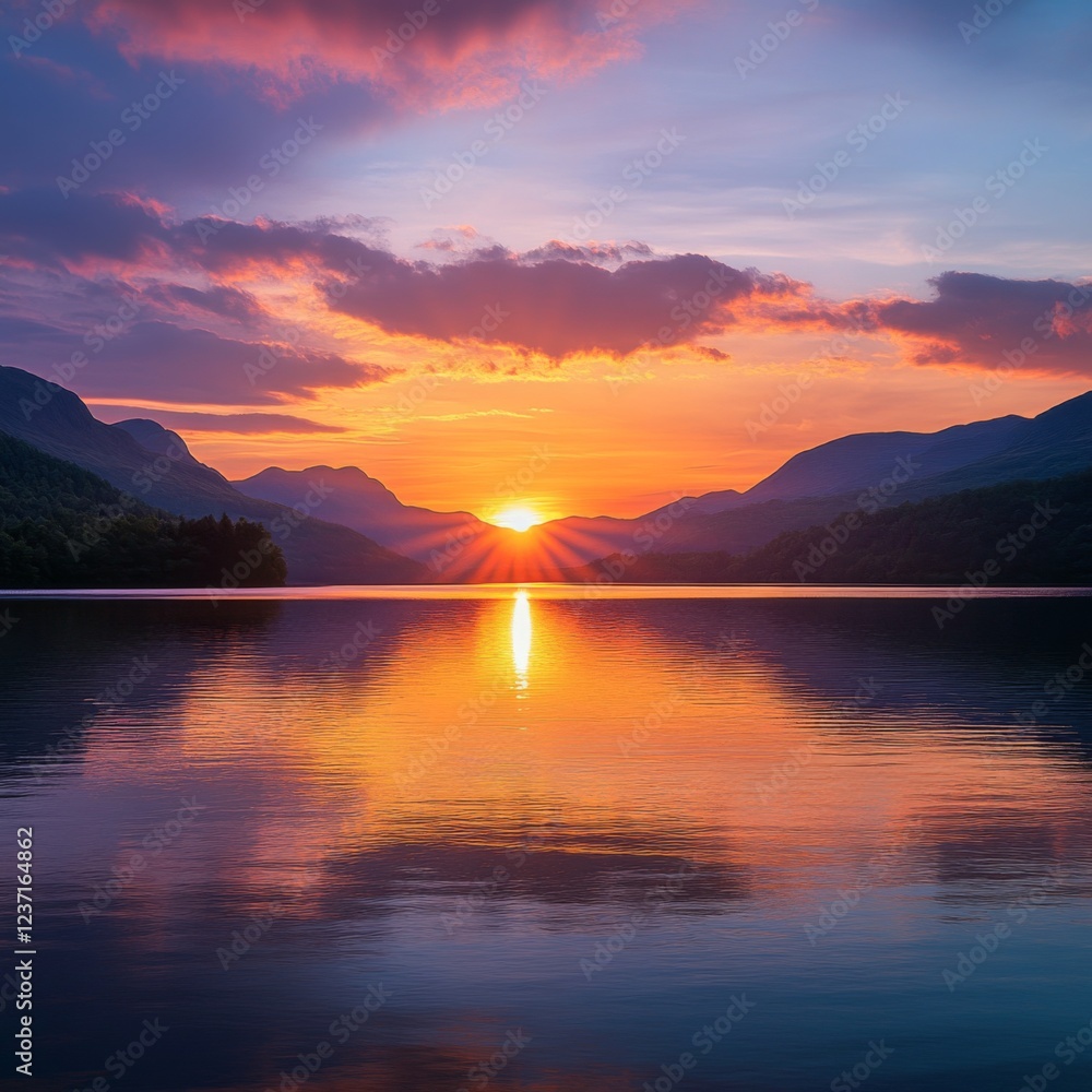 Naklejka premium Majestic sunset over a serene lake surrounded by mountains. The sky is painted with vibrant colors. A still reflection adds beauty to nature. Perfect for tranquility and relaxation. AI