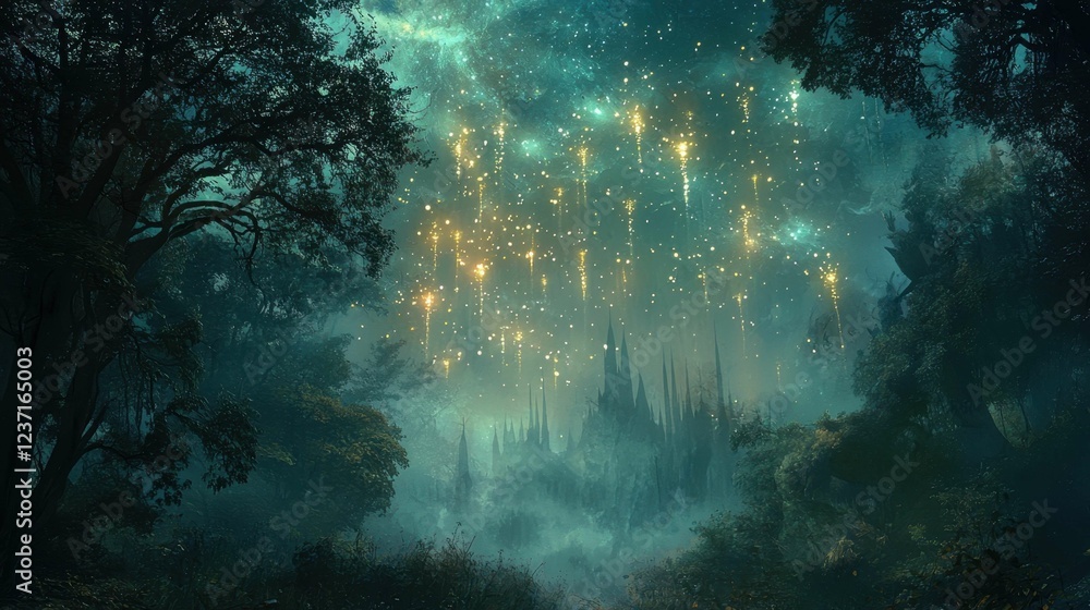 Fototapeta premium Enchanted Night Sky with Sparkling Lights over Mysterious Forest