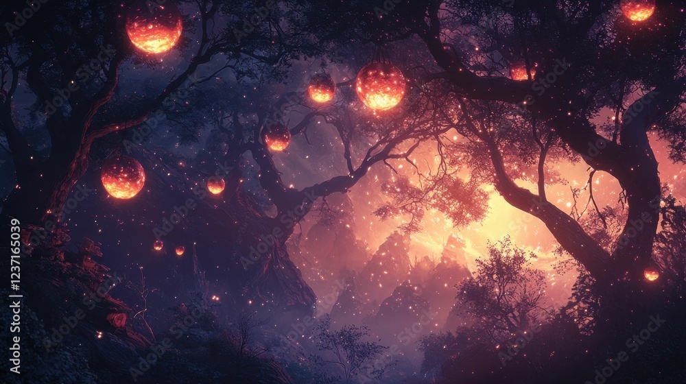 Enchanted Forest at Twilight with Glowing Orbs Hanging from Trees Enchanted Forest at Twilight with Glowing Orbs Hanging from Trees