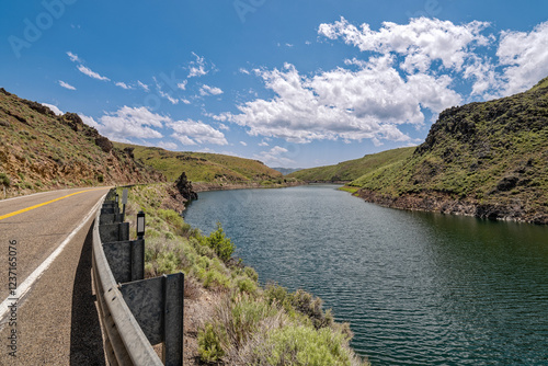 Highway 225 follows the edge of the Wild Horse Reservoir north of Elko, Nevada, USA