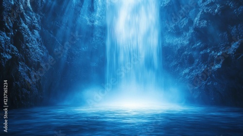 Majestic Waterfall Cascading Through A Lush Blue Cave Environment