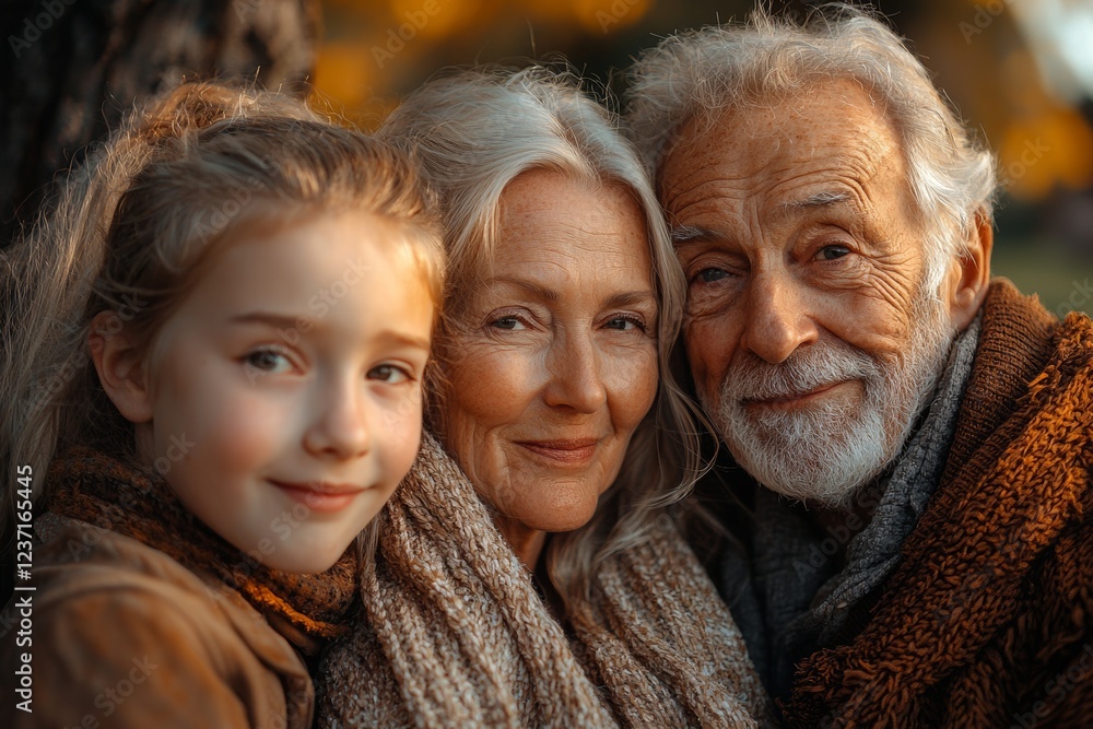 A retired senior couple beams with smiles and excitement, playing with their granddaughter outdoors in nature A retired senior couple beams with smiles and excitement, playing with their granddaughter outdoors in nature