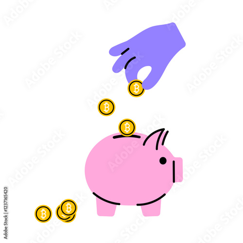 Piggy bank with Bitcoin coins and hand dropping cryptocurrency. Digital savings, blockchain investment, and financial growth concept. Vector illustration in cartoon style.