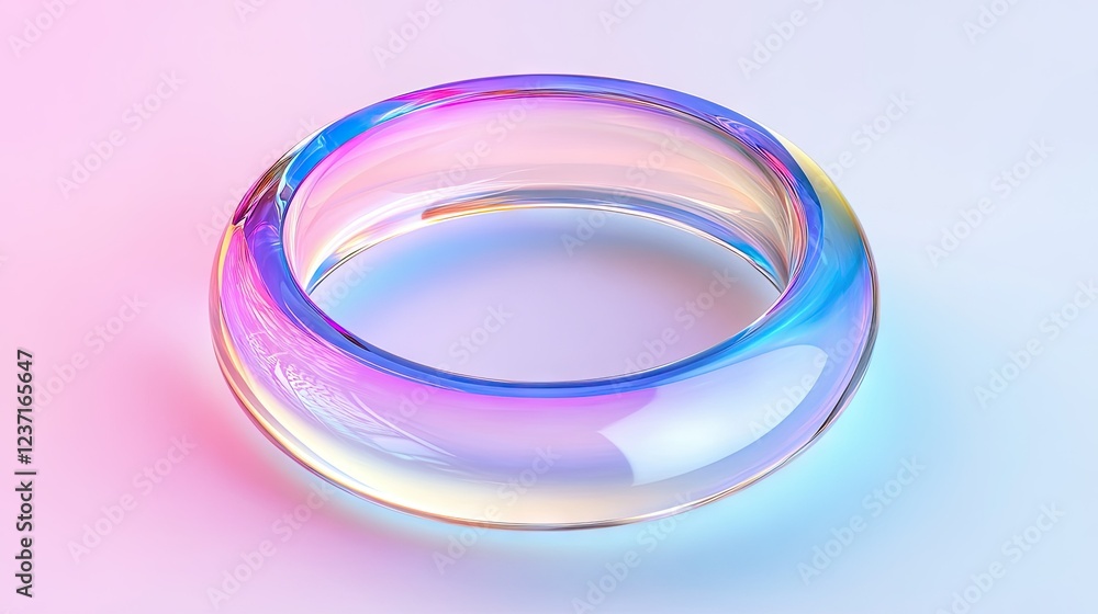 3D glass torus with rainbow gradient and refraction details isolated on holographic background with copy space 3D glass torus with rainbow gradient and refraction details isolated on holographic background with copy space