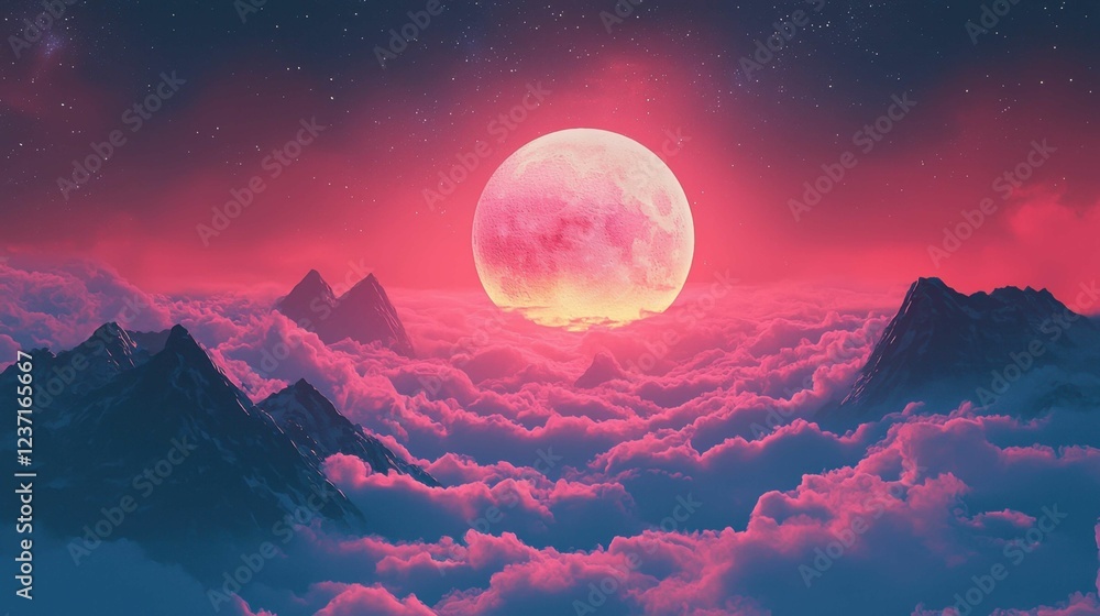 Ethereal Pink Moon Rising Over Misty Mountains at Dusk Ethereal Pink Moon Rising Over Misty Mountains at Dusk