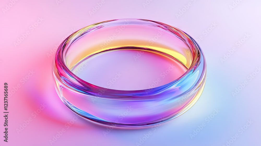 3D glass torus with rainbow gradient and refraction details isolated on holographic background with copy space 3D glass torus with rainbow gradient and refraction details isolated on holographic background with copy space