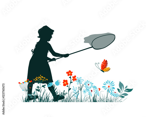 A girl with a net catches butterflies. hand drawn. Not AI, Vector illustration.