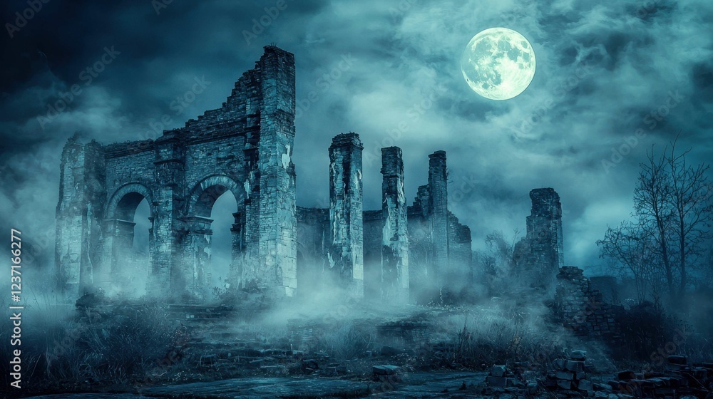 Eerie Ruins Under a Full Moon Shrouded in Mist and Shadows Eerie Ruins Under a Full Moon Shrouded in Mist and Shadows