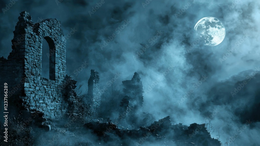 Abandoned Ruins Under Full Moon in Eerie Foggy Night Sky Abandoned Ruins Under Full Moon in Eerie Foggy Night Sky