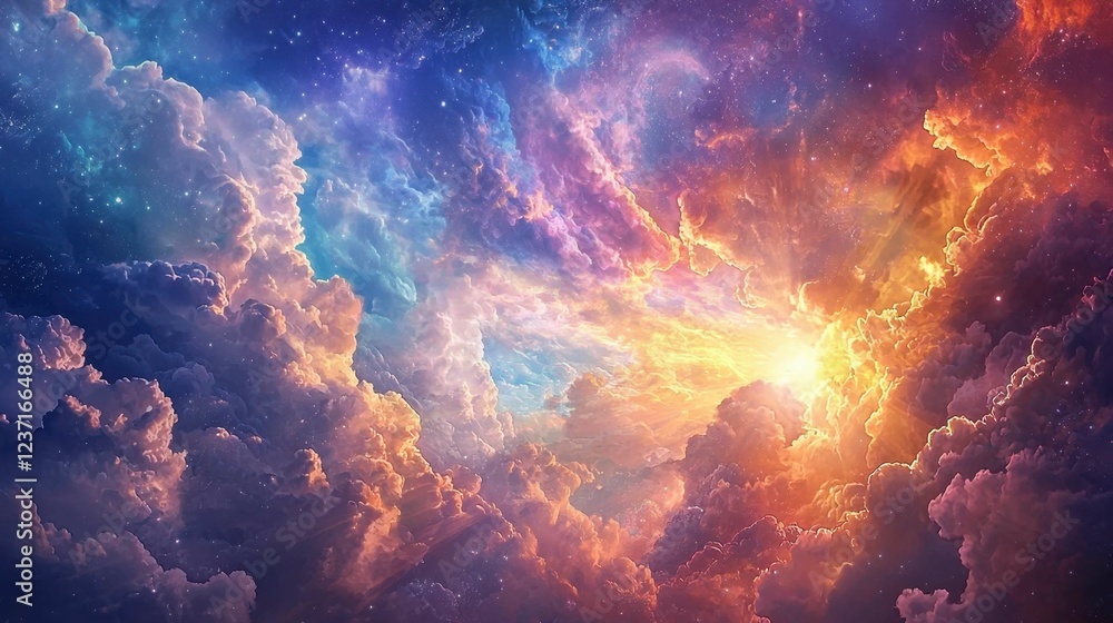Obraz premium Vivid Cosmic Sky with Colorful Clouds and Bright Sunlight Rays