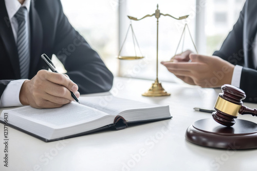 Consultation and conference of professional businesswoman and Male lawyers working and discussion having at law firm in office. Concepts of law, Judge gavel with scales of justice