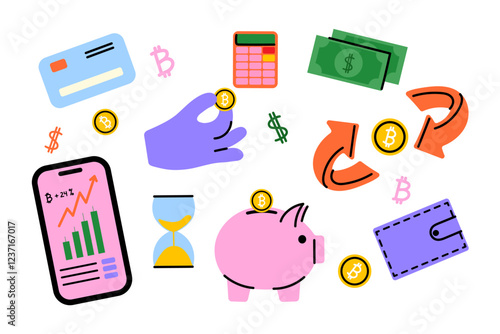 Cryptocurrency and finance concept. Bitcoin trading, mobile banking, piggy bank savings, cash flow, and wallet illustration. Digital money management and financial investment symbols. Flat design