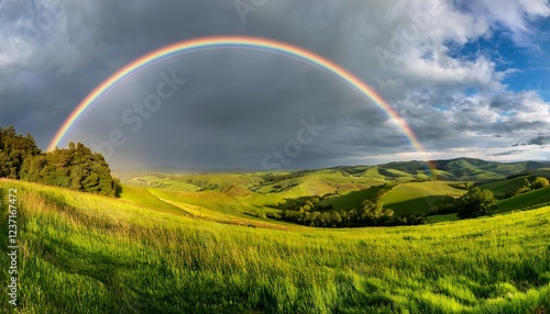 a panoramic landscape presenting a vibrant rainbow arching over rolling hills beneath a dramatic sky