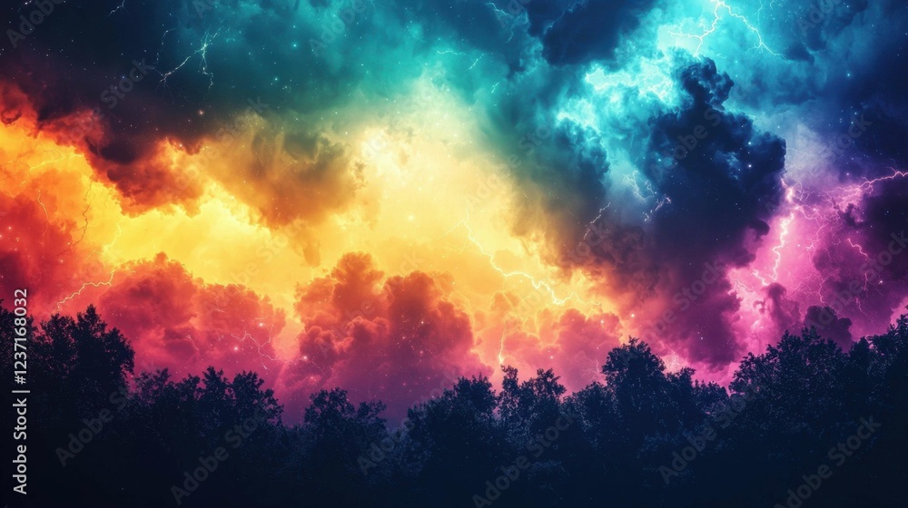 Naklejka premium Dramatic Colorful Sky with Lightning Over Dark Forest Landscape