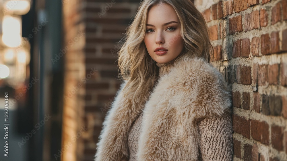Stylish Woman with Fur Vest Posing Against Brick Wall Outdoors Stylish Woman with Fur Vest Posing Against Brick Wall Outdoors