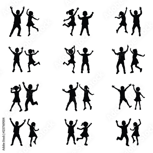 Happy children vector silhouette,Children kids silhouette set, vector silhouette of children,vector silhouette of played children