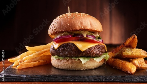 a burger with fries on stable heritage photo