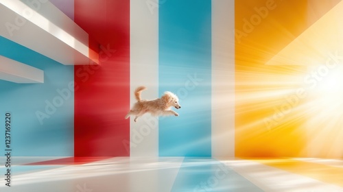 A joyful dog leaps through a vibrant indoor space filled with colorful walls, capturing a moment of playfulness and energy in a creative artistic environment. photo