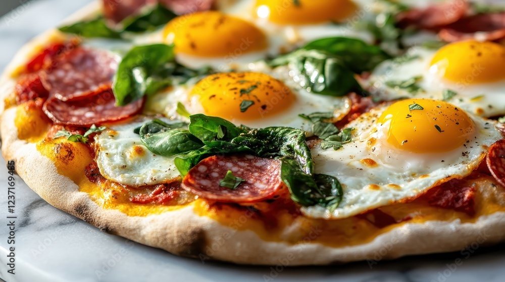 An appetizing pizza topped with fresh ingredients such as eggs, salami, and spinach, perfectly presented to entice viewer's cravings for gourmet food. An appetizing pizza topped with fresh ingredients such as eggs, salami, and spinach, perfectly presented to entice viewer's cravings for gourmet food.