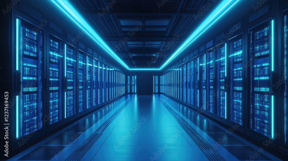 A high-tech server room with bright blue LED lights illuminating rows of advanced server racks in a sleek and organized layout. Perfect for technology, IT infrastructure, or cloud storage visuals A high-tech server room with bright blue LED lights illuminating rows of advanced server racks in a sleek and organized layout. Perfect for technology, IT infrastructure, or cloud storage visuals