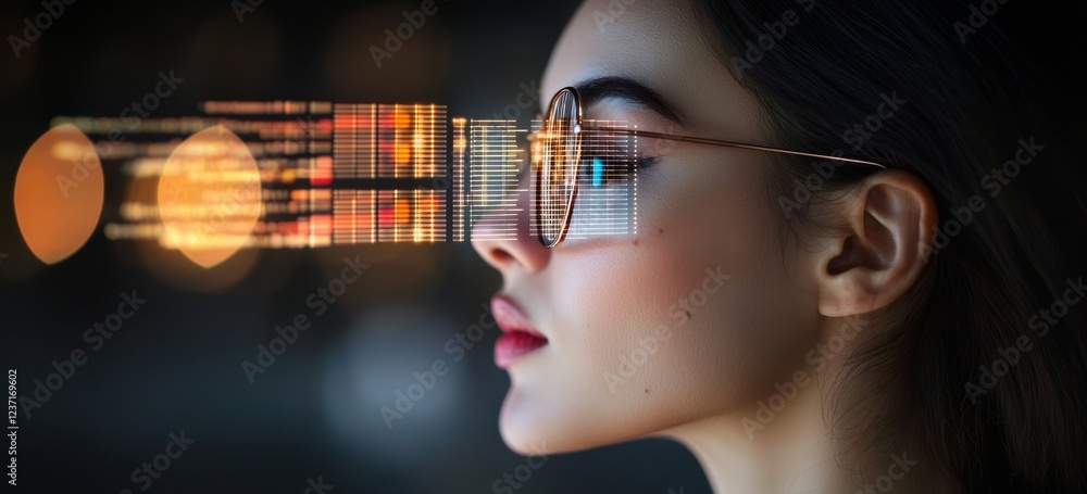 Fototapeta premium A woman developer working late at night in a dimly lit office, focused on programming with mockups, cloud computing elements, and holographic overlays