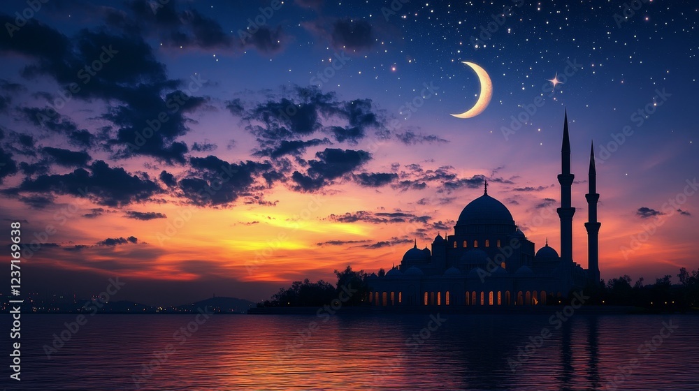 Obraz premium Silhouette of mosque against a twilight sky filled with stars and a crescent moon