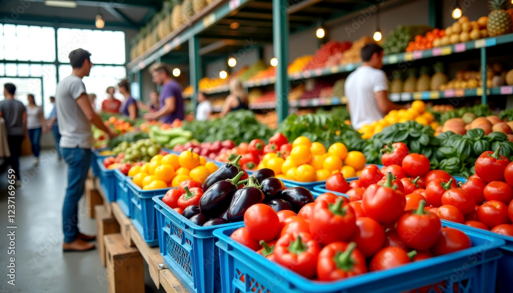 Fototapeta premium A vibrant market scene filled with fresh fruits and vegetables, showcasing colorful produce and shoppers browsing the stands.