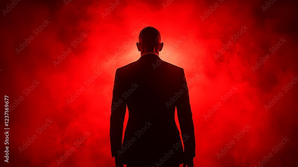 A man in a suit stands in front of a red background