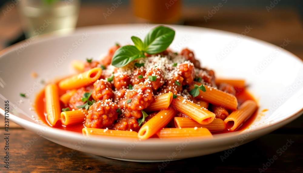 A delicious plate of pasta with a rich tomato sauce, topped with fresh basil and grated cheese, presented on a rustic wooden table. A delicious plate of pasta with a rich tomato sauce, topped with fresh basil and grated cheese, presented on a rustic wooden table.